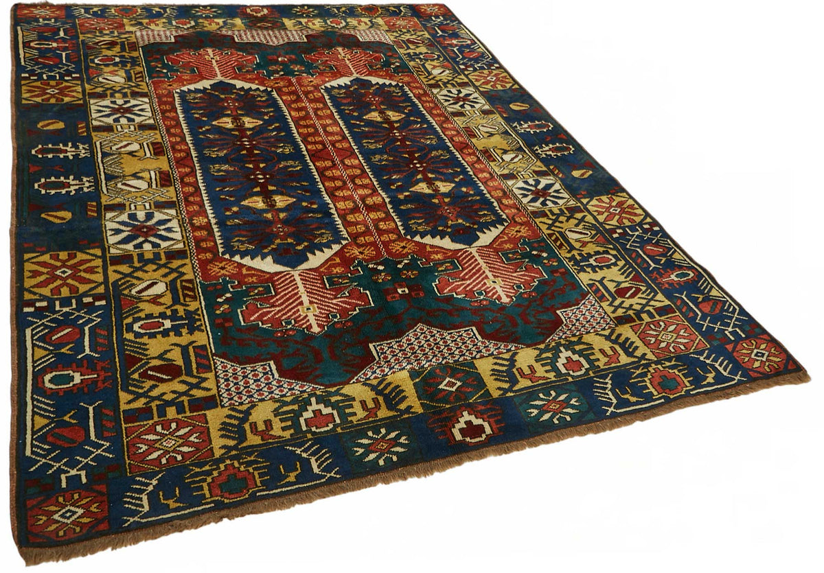 Vamave Lacivert Kırmızı Geometrik Desenli Uşak El Dokuma Halı 170x229 cm – genel görünüm