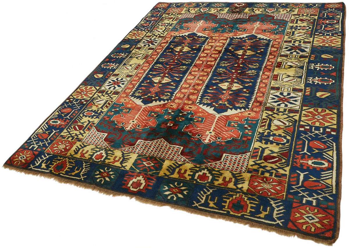 Vamave Lacivert Kırmızı Geometrik Desenli Uşak El Dokuma Halı 170x229 cm – doku yakın çekim