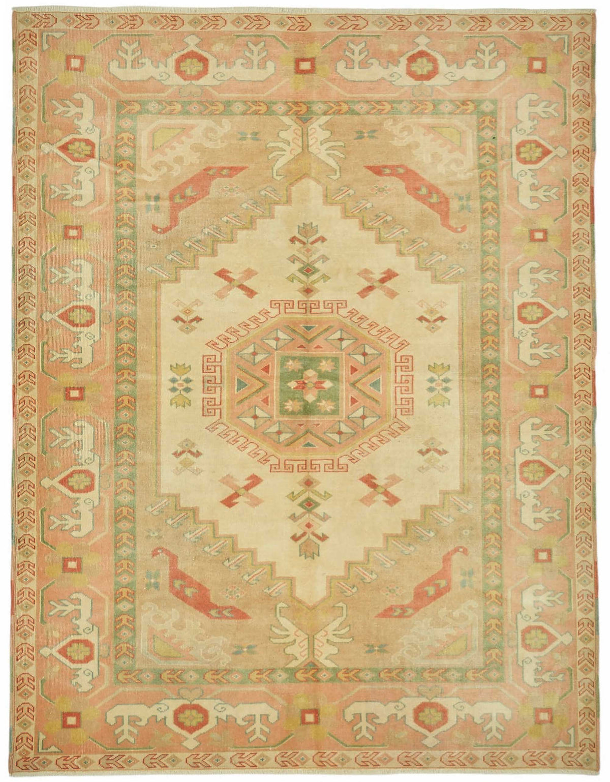 Vamave Geometrik Desenli Bej ve Pembe Uşak Düz Dokuma Halı 213x278 cm