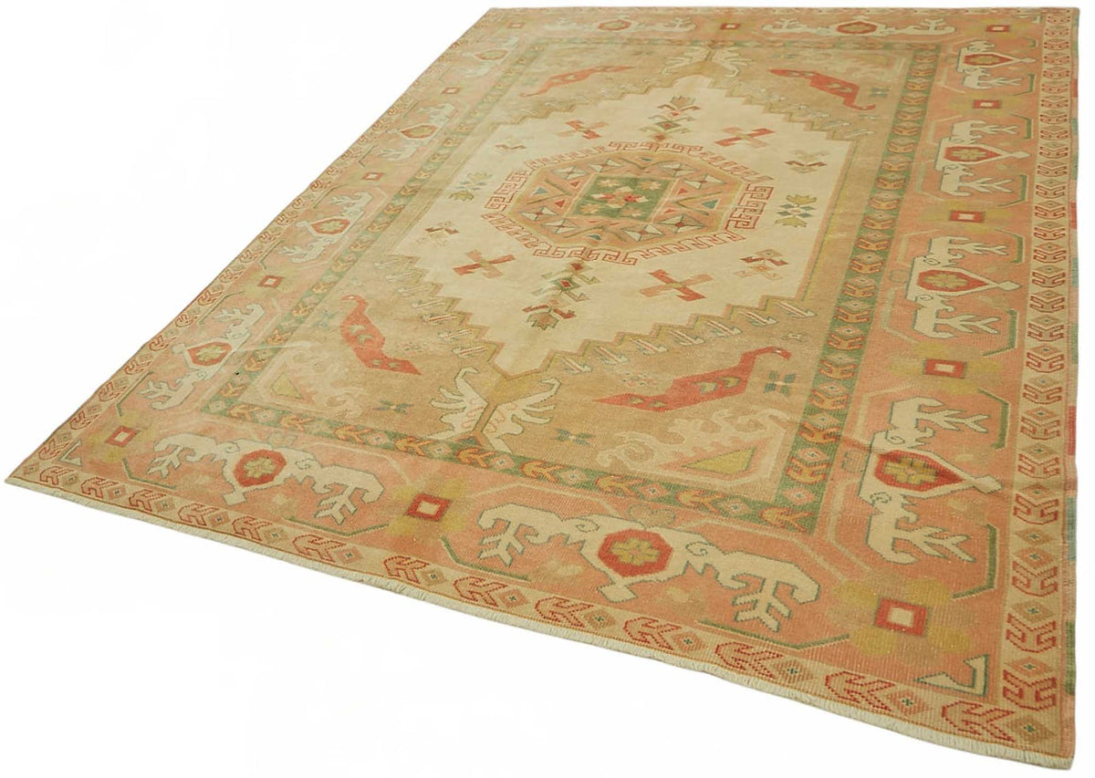 Vamave Geometrik Desenli Bej ve Pembe Uşak Düz Dokuma Halı 213x278 cm – doku yakın çekim