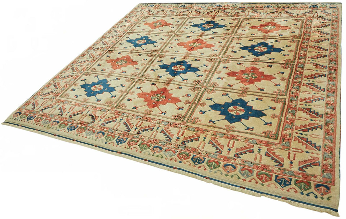 Vamave Krem Lacivert Madalyon Desenli Uşak El Dokuma Halı 232x243 cm – doku yakın çekim