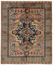 Vamave Lacivert Pembe Geometrik Desenli Yün Uşak Halısı 216x260 cm