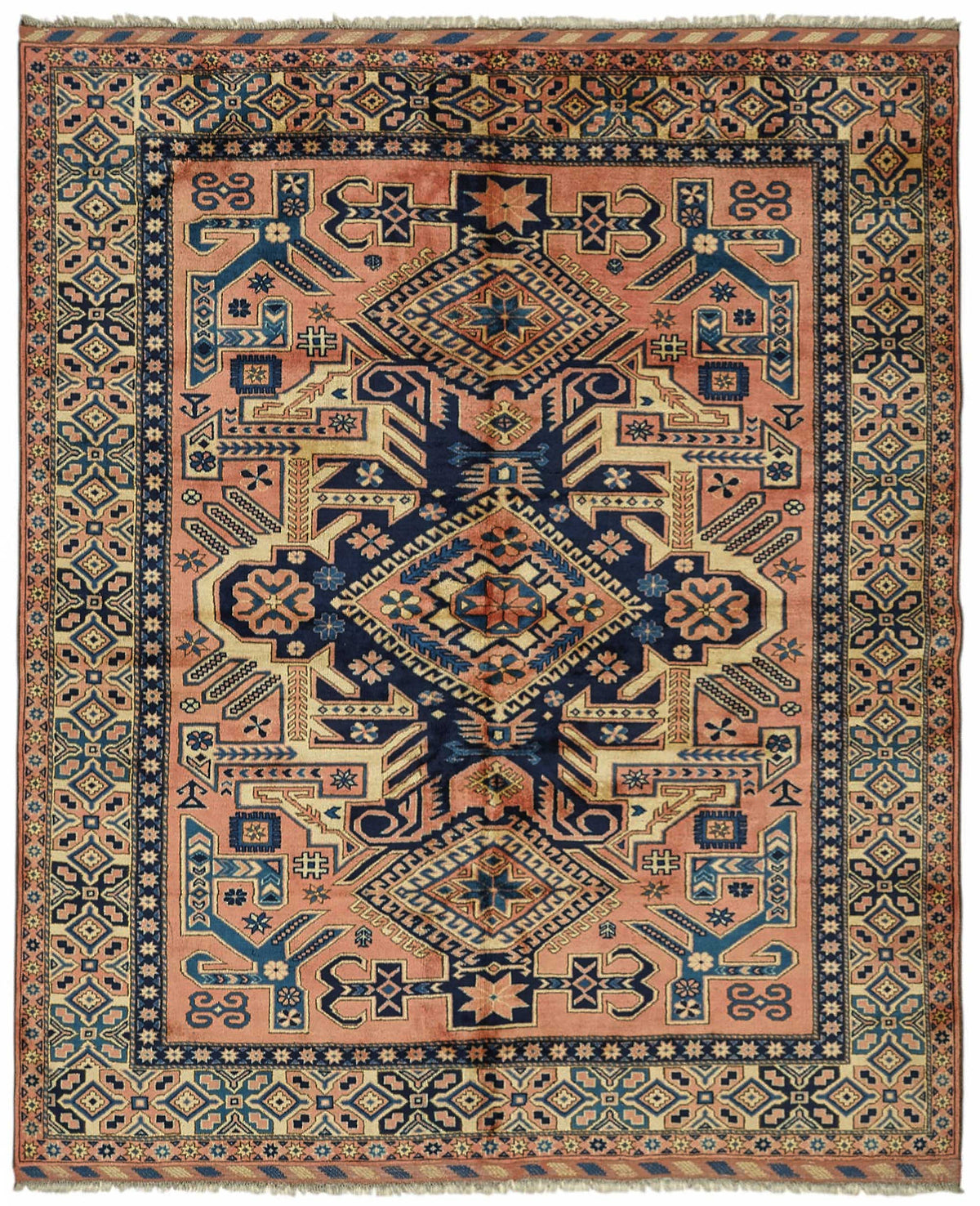 Vamave Lacivert Pembe Geometrik Desenli Yün Uşak Halısı 216x260 cm