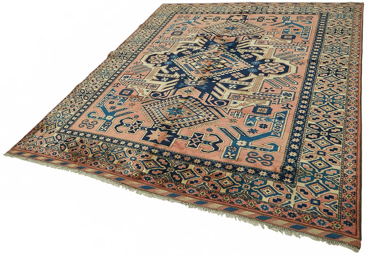 Vamave Lacivert Pembe Geometrik Desenli Yün Uşak Halısı 216x260 cm – doku yakın çekim