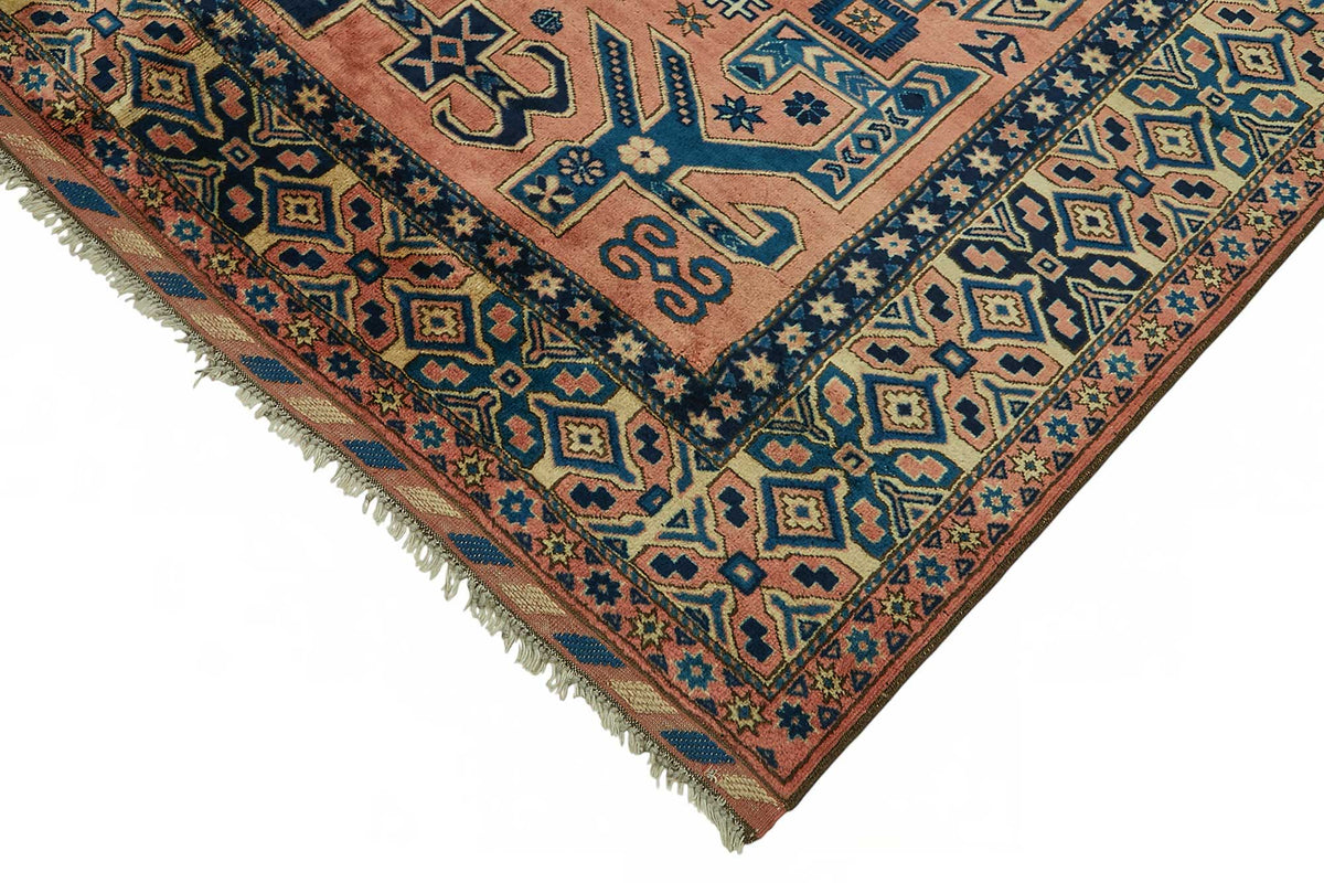 Vamave Lacivert Pembe Geometrik Desenli Yün Uşak Halısı 216x260 cm – detay görünümü