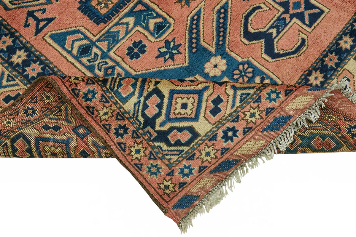Vamave Lacivert Pembe Geometrik Desenli Yün Uşak Halısı 216x260 cm – kenar detayı