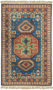 Vamave Mavi Kırmızı Geometrik Desenli Uşak El Dokuma Halı 188x312 cm