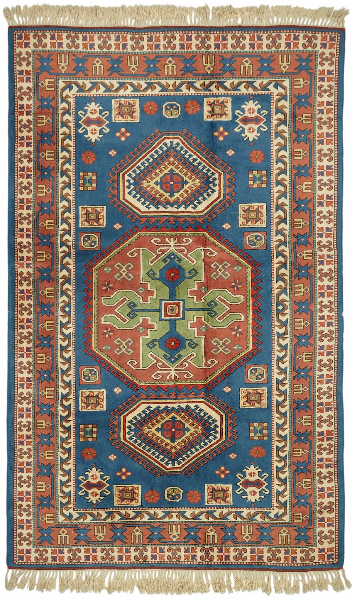 Vamave Mavi Kırmızı Geometrik Desenli Uşak El Dokuma Halı 188x312 cm