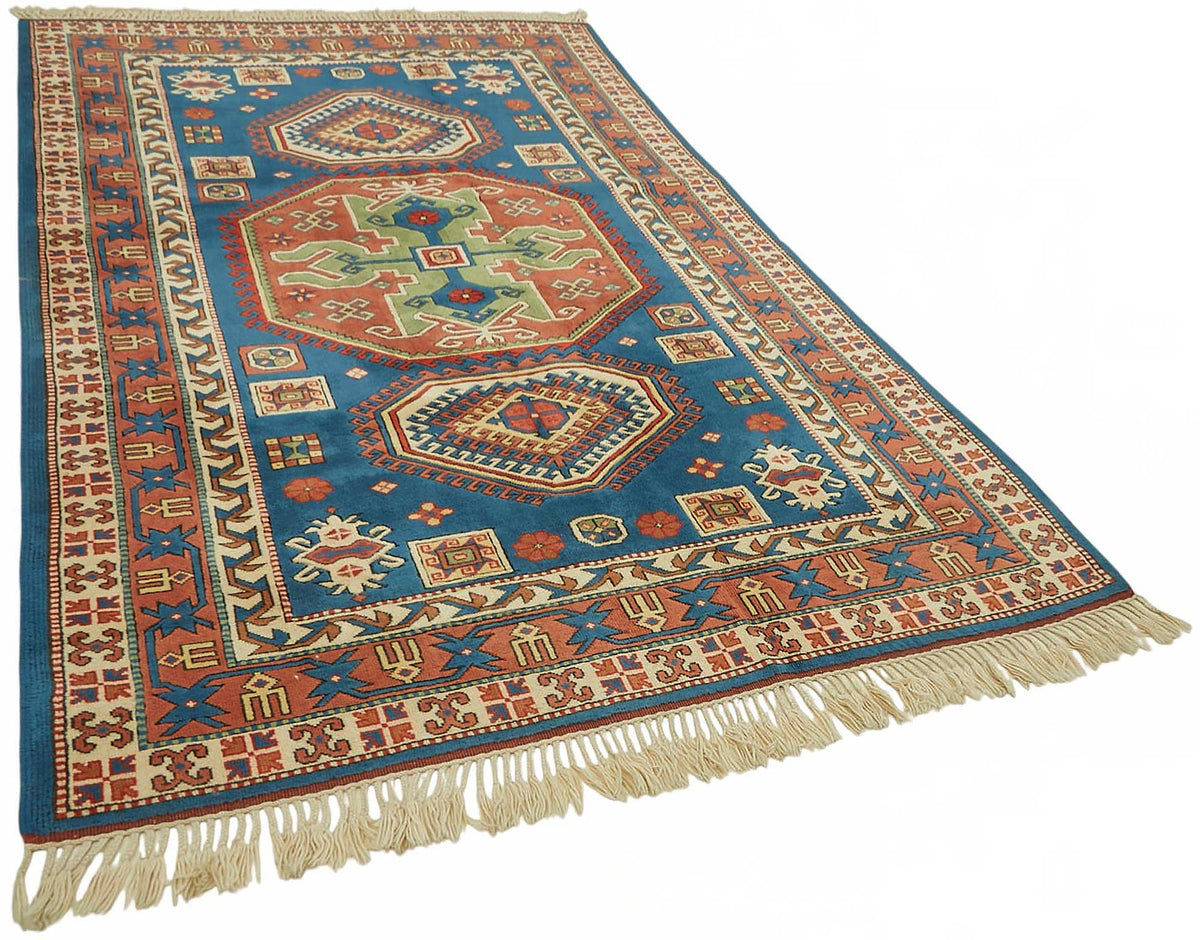 Vamave Mavi Kırmızı Geometrik Desenli Uşak El Dokuma Halı 188x312 cm – genel görünüm