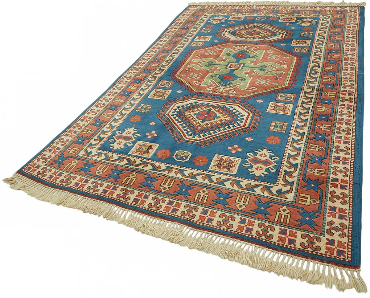 Vamave Mavi Kırmızı Geometrik Desenli Uşak El Dokuma Halı 188x312 cm – doku yakın çekim