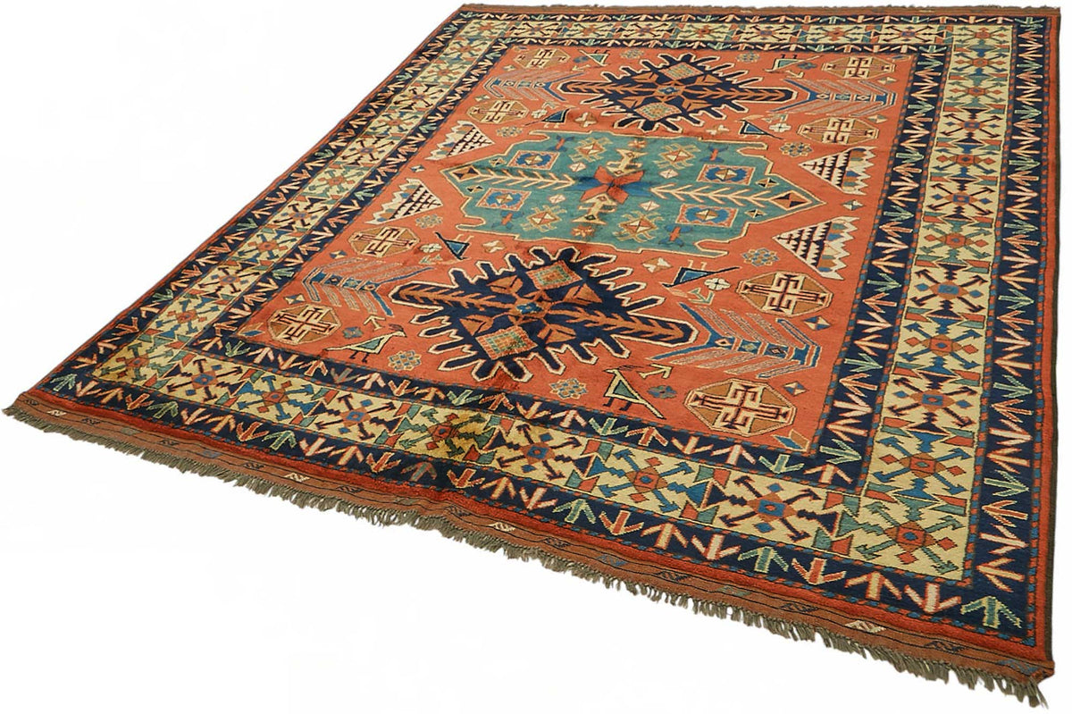Vamave Turuncu Halı Etnik Geometrik Desenli Uşak Dokuma 210x234 cm – doku yakın çekim