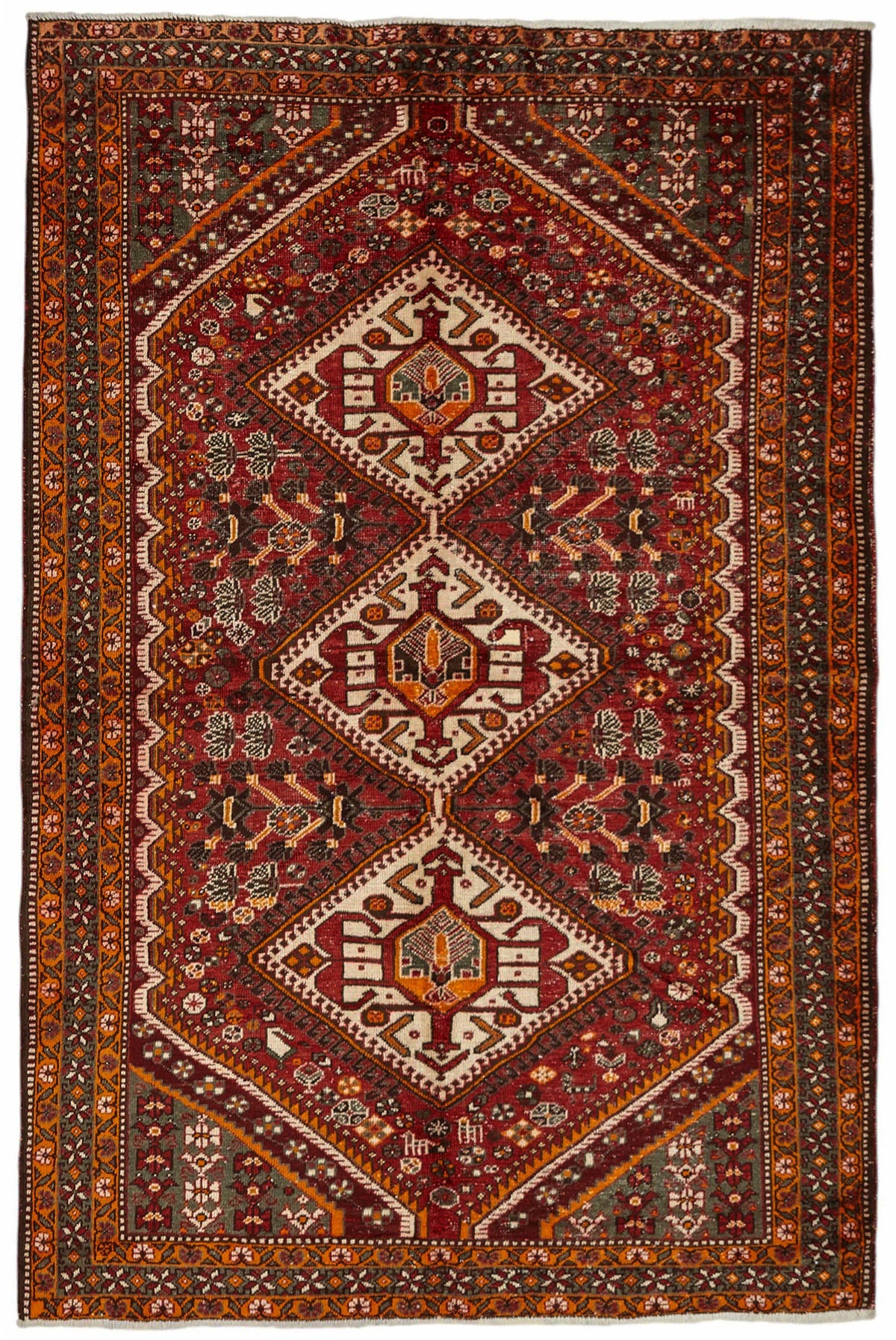 Vamave Uşak Halısı Bordo Turuncu Geometrik Etnik Dokuma 207x310 cm