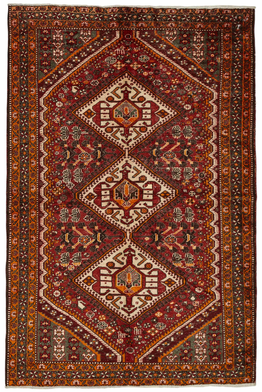 Vamave Uşak Halısı Bordo Turuncu Geometrik Etnik Dokuma 207x310 cm