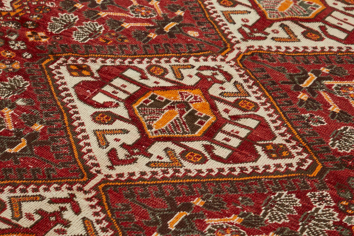 Vamave Uşak Halısı Bordo Turuncu Geometrik Etnik Dokuma 207x310 cm – mekânda kullanım
