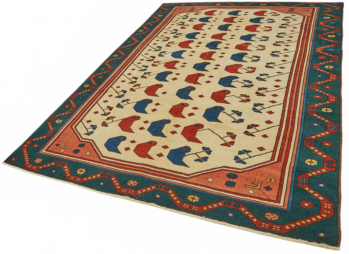Vamave Krem Lacivert Etnik Geometrik Uşak El Dokuma Halı 204x290 cm – doku yakın çekim