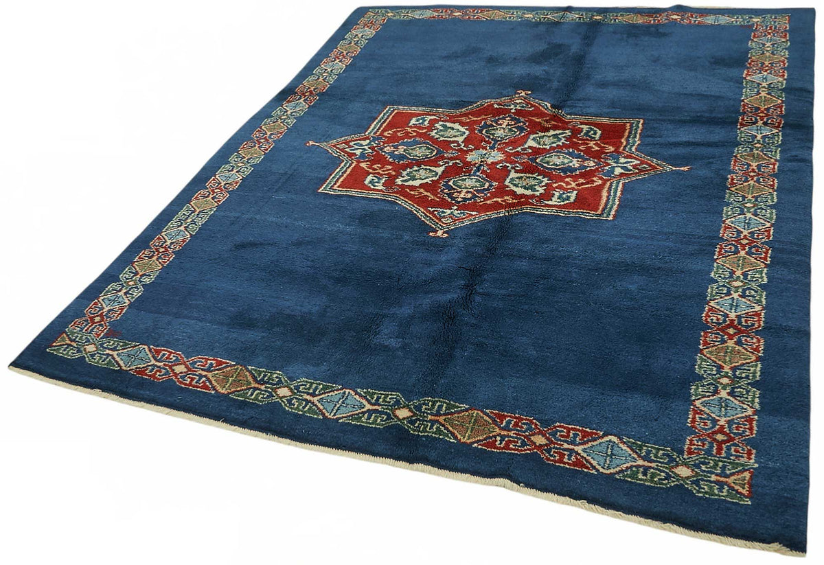 Vamave Lacivert Kırmızı Madalyon Göbek Uşak El Dokuma Halı 188x236 cm – doku yakın çekim