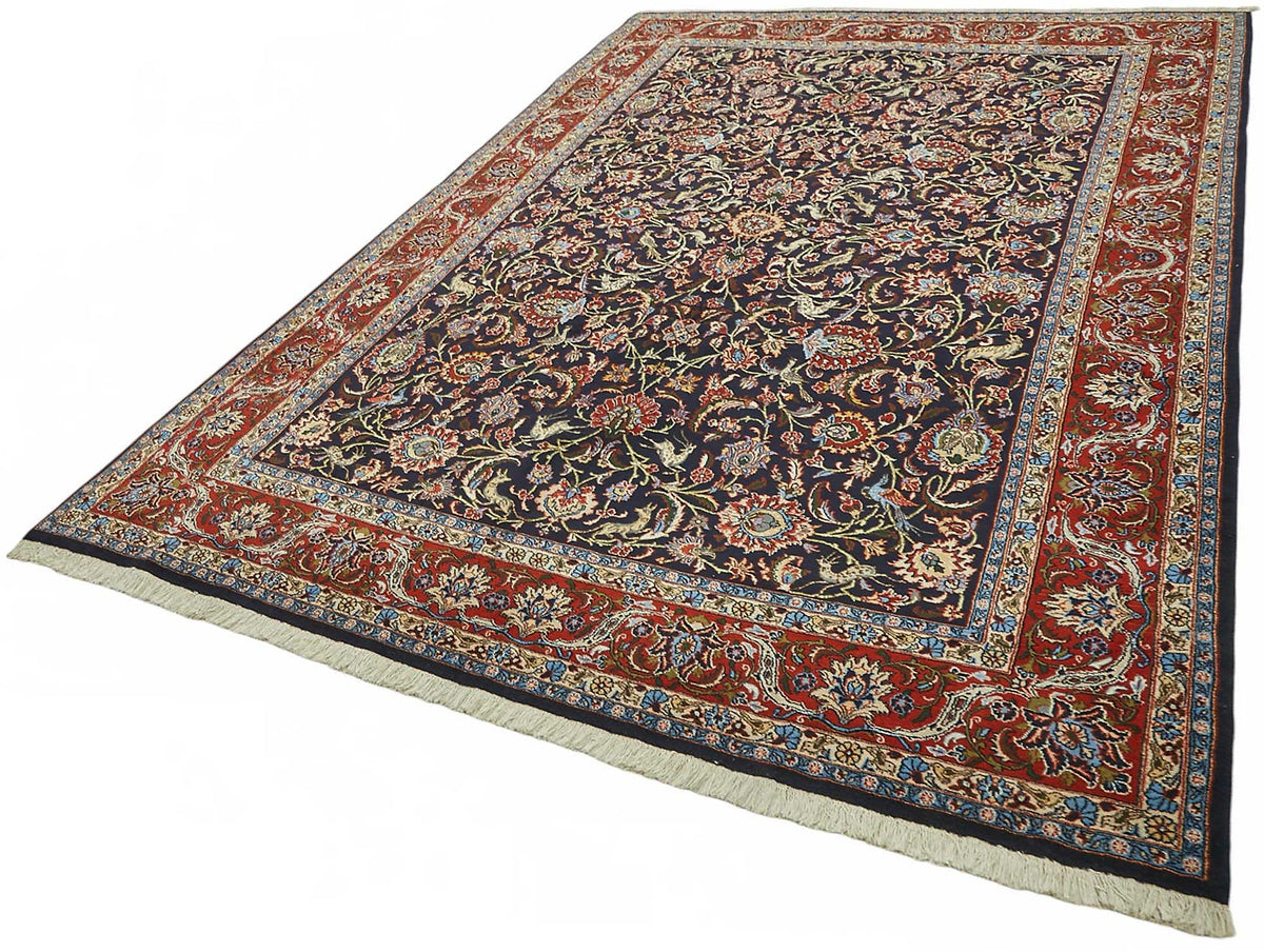 Vamave Kırmızı Dokuma Uşak Halı Lacivert ve Bej Tonlarda 207x315 cm – doku yakın çekim