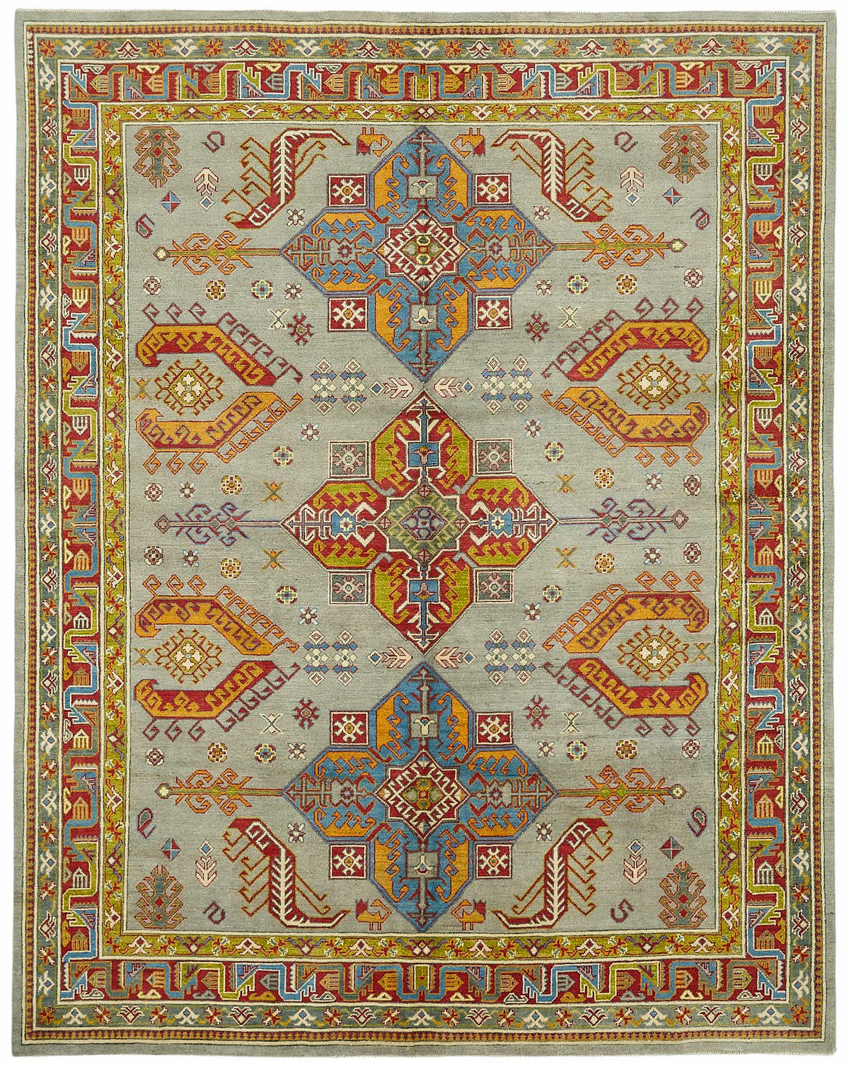 Vamave Gri ve Çok Renkli Geometrik Desenli Yün Uşak Halı, 238x297 cm