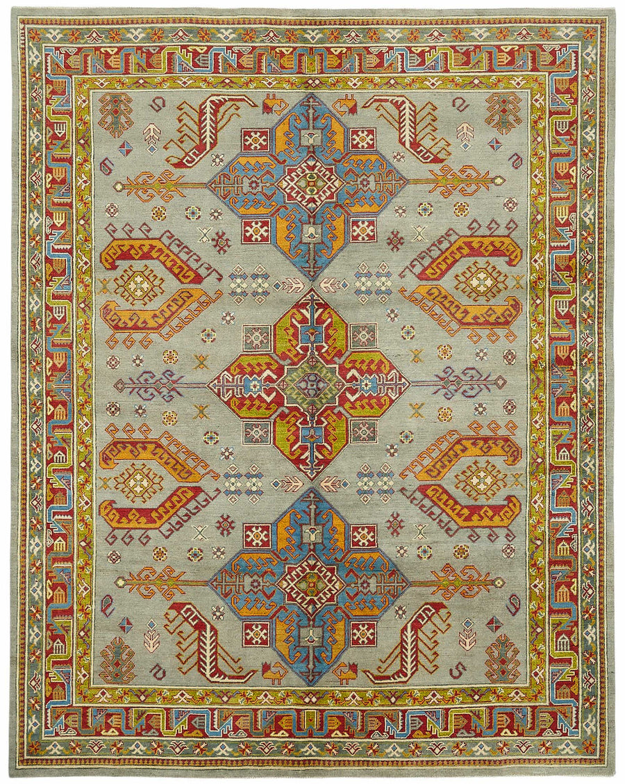Vamave Gri ve Çok Renkli Geometrik Desenli Yün Uşak Halı, 238x297 cm