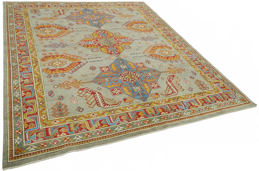 Vamave Gri ve Çok Renkli Geometrik Desenli Yün Uşak Halı, 238x297 cm – genel görünüm