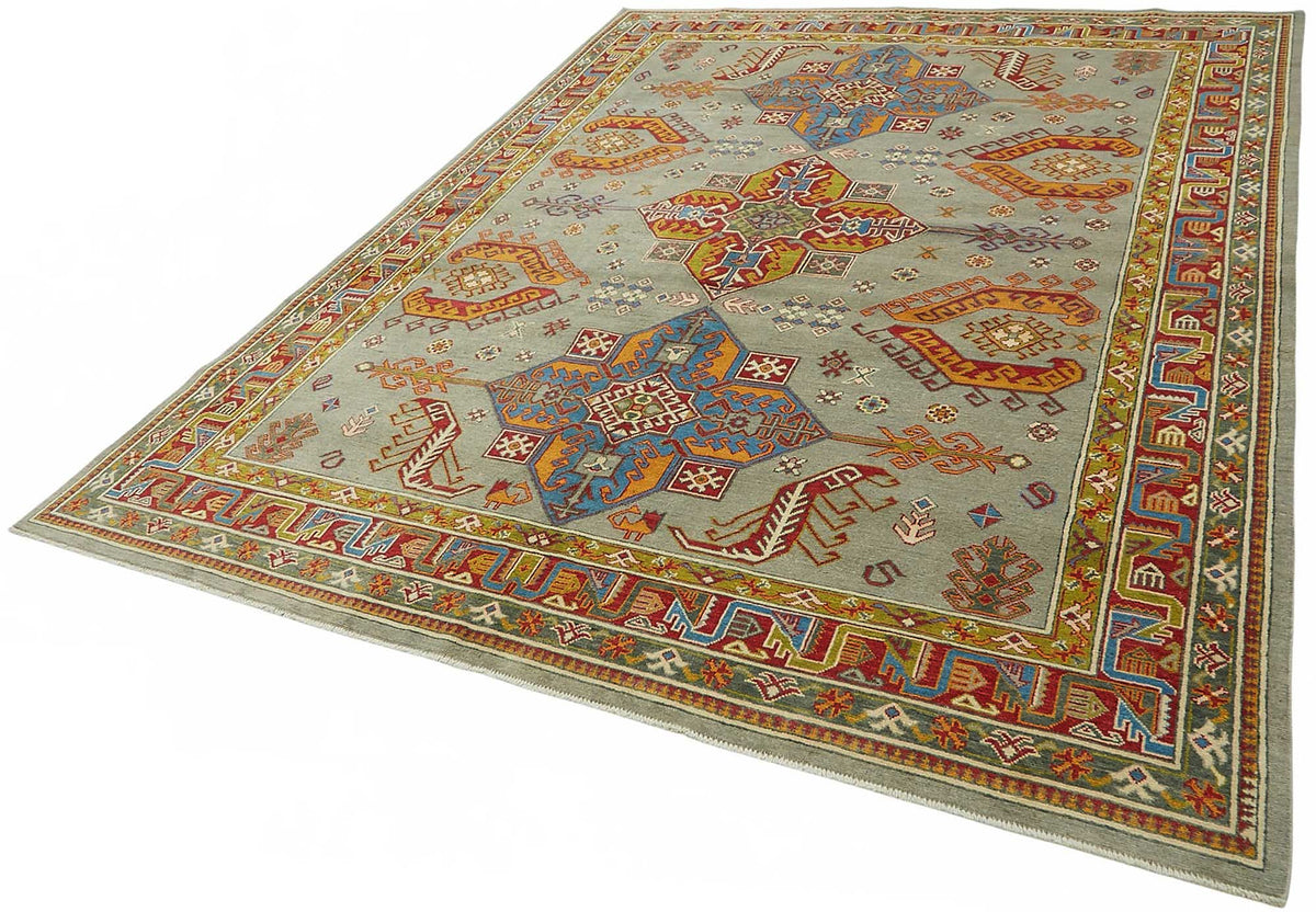 Vamave Gri ve Çok Renkli Geometrik Desenli Yün Uşak Halı, 238x297 cm – doku yakın çekim