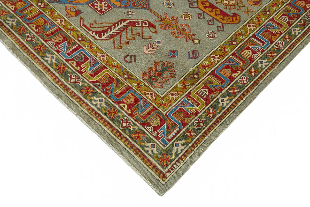 Vamave Gri ve Çok Renkli Geometrik Desenli Yün Uşak Halı, 238x297 cm – detay görünümü