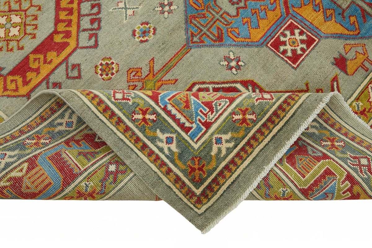 Vamave Gri ve Çok Renkli Geometrik Desenli Yün Uşak Halı, 238x297 cm – kenar detayı