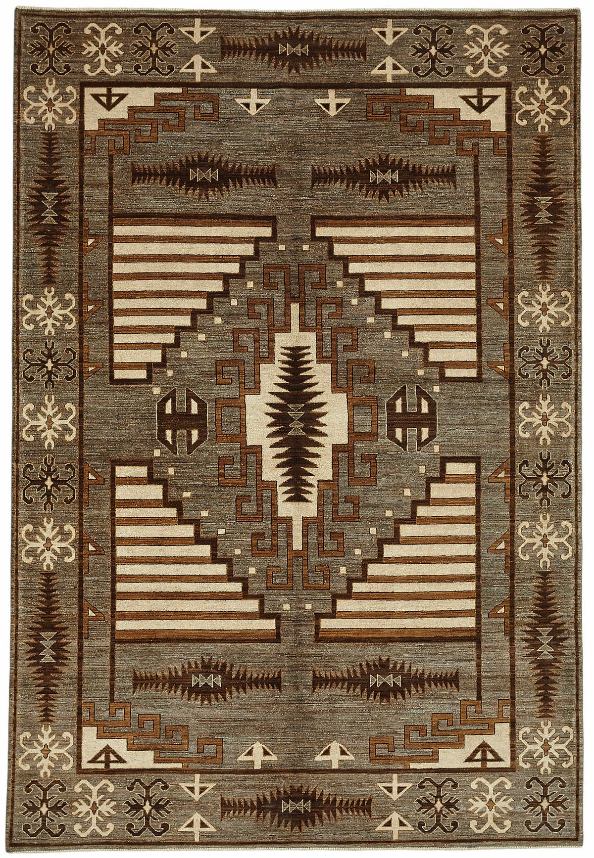Vamave Gri Kahverengi Geometrik Desenli Yün Uşak Halısı 204x298 cm