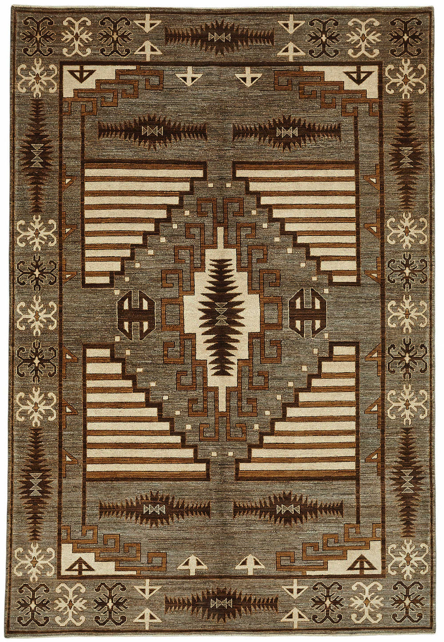 Vamave Gri Kahverengi Geometrik Desenli Yün Uşak Halısı 204x298 cm