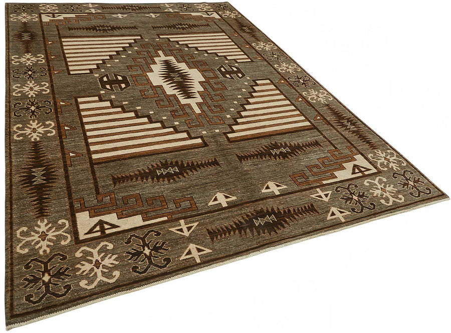 Vamave Gri Kahverengi Geometrik Desenli Yün Uşak Halısı 204x298 cm – genel görünüm