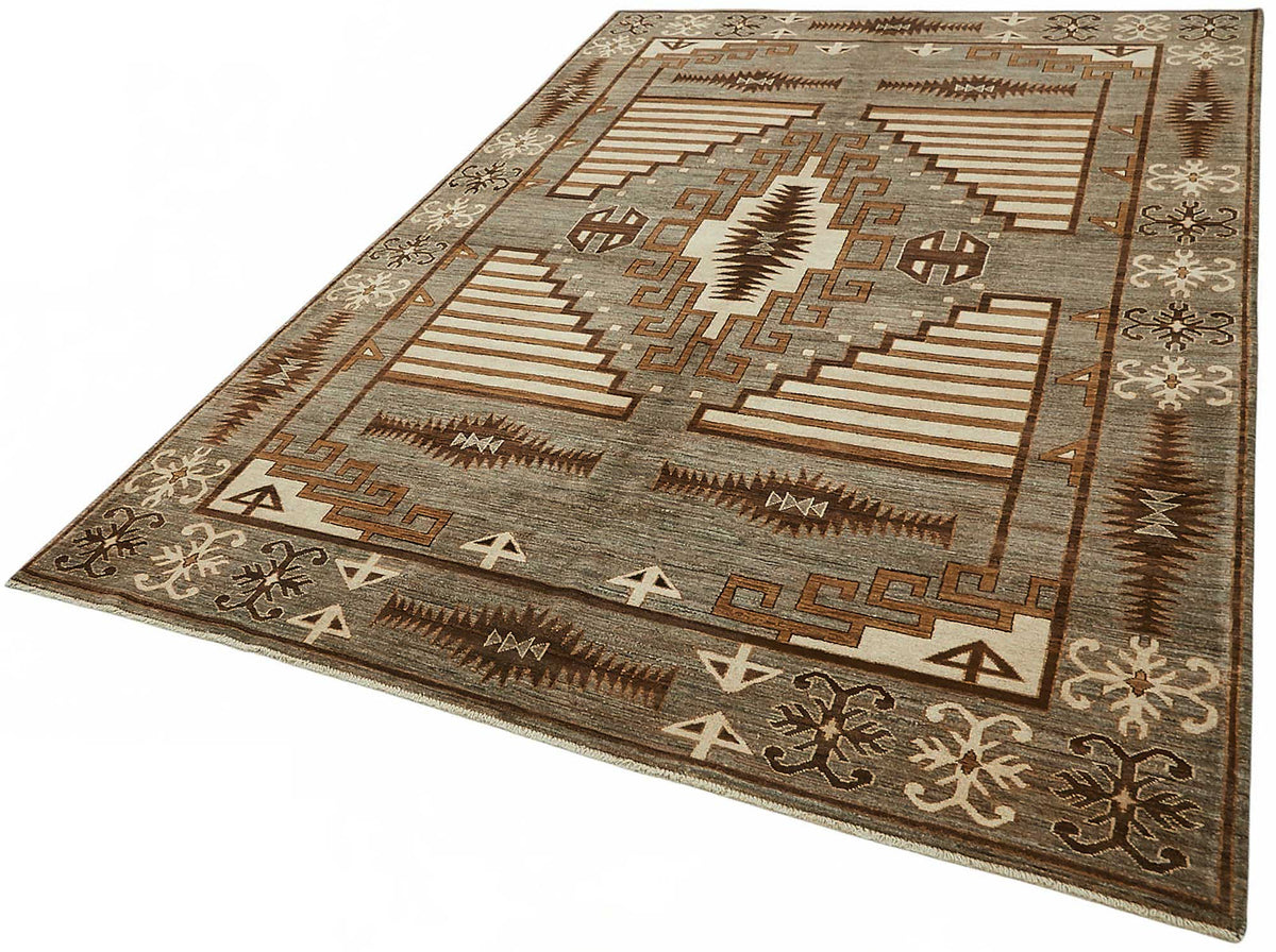 Vamave Gri Kahverengi Geometrik Desenli Yün Uşak Halısı 204x298 cm – doku yakın çekim