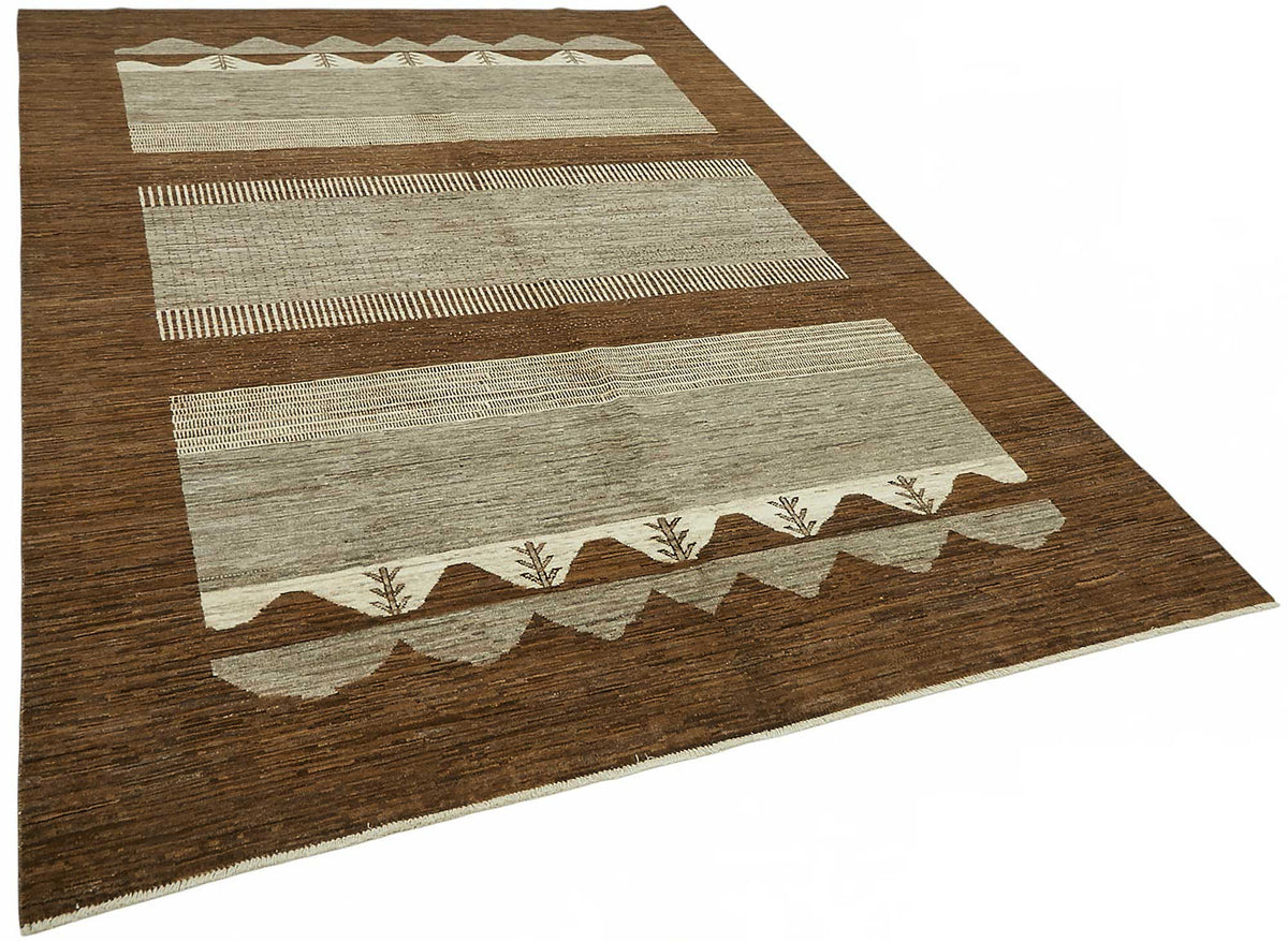 Vamave Kahverengi Bej Geometrik Desenli Pamuk Yün El Dokuma Uşak Halı 198x292 cm – genel görünüm