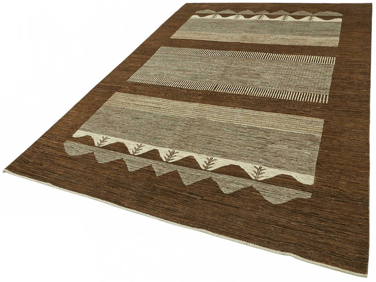 Vamave Kahverengi Bej Geometrik Desenli Pamuk Yün El Dokuma Uşak Halı 198x292 cm – doku yakın çekim