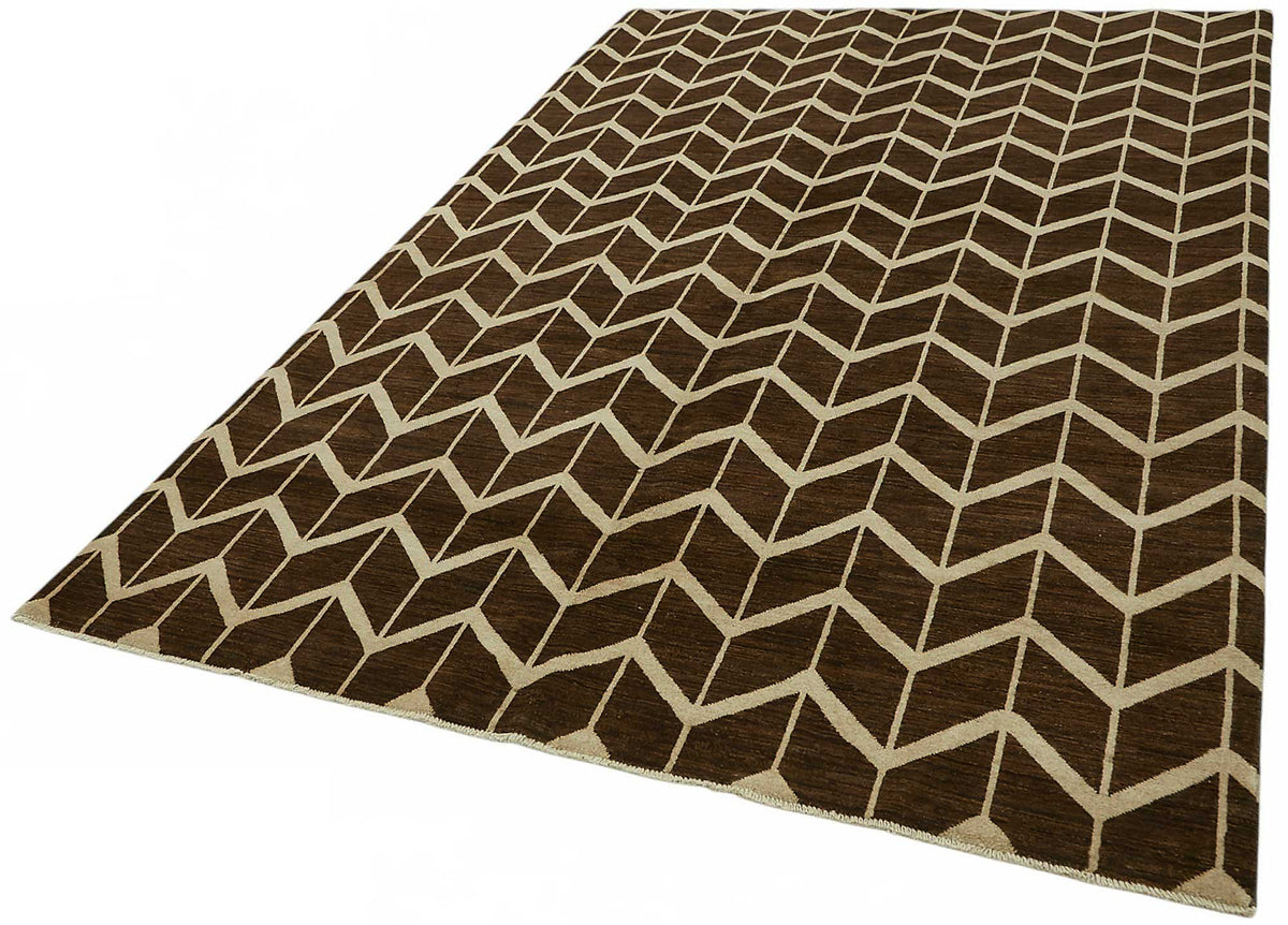 Vamave Kahverengi Bej Geometrik Desenli Uşak El Dokuma Halı 194x295 cm – doku yakın çekim
