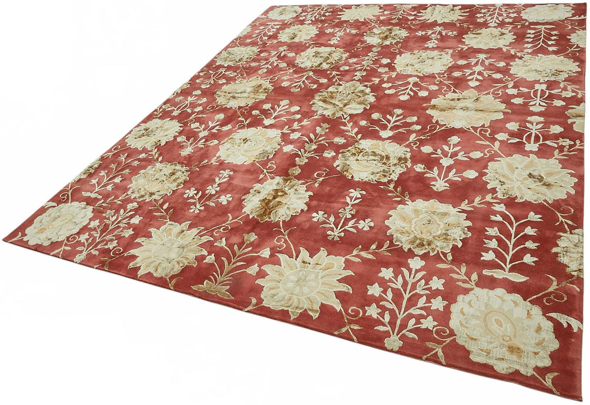 Vamave Uşak Kırmızı Bej Çiçek Desenli El Dokuma Halı 236x303 cm – doku yakın çekim