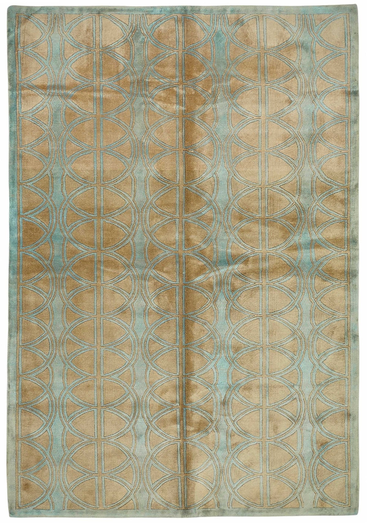 Vamave Turkuaz Bej Geometrik Desenli Pamuk Yün Uşak Halısı 188x272 cm
