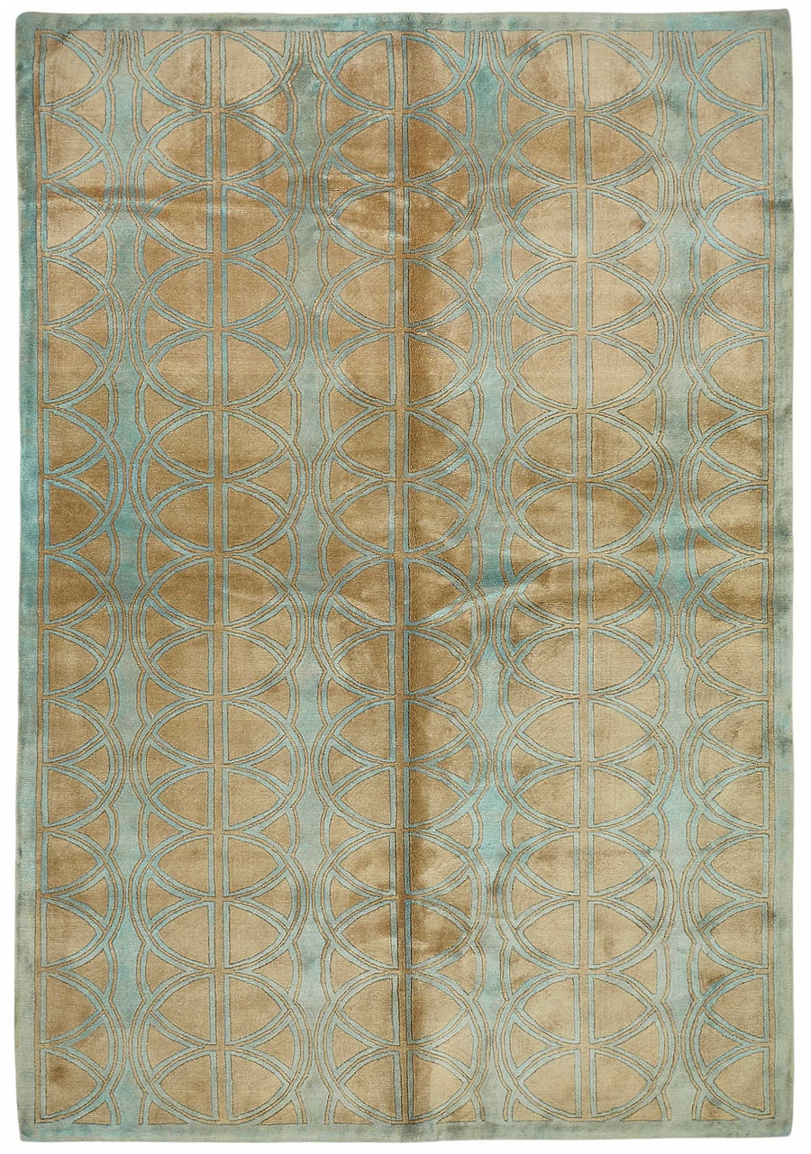Vamave Turkuaz Bej Geometrik Desenli Pamuk Yün Uşak Halısı 188x272 cm
