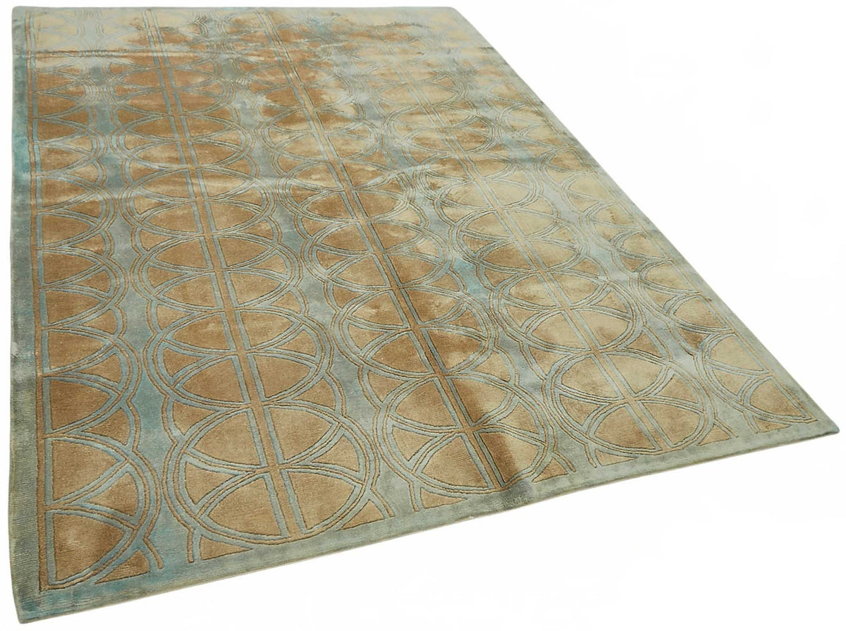 Vamave Turkuaz Bej Geometrik Desenli Pamuk Yün Uşak Halısı 188x272 cm – genel görünüm