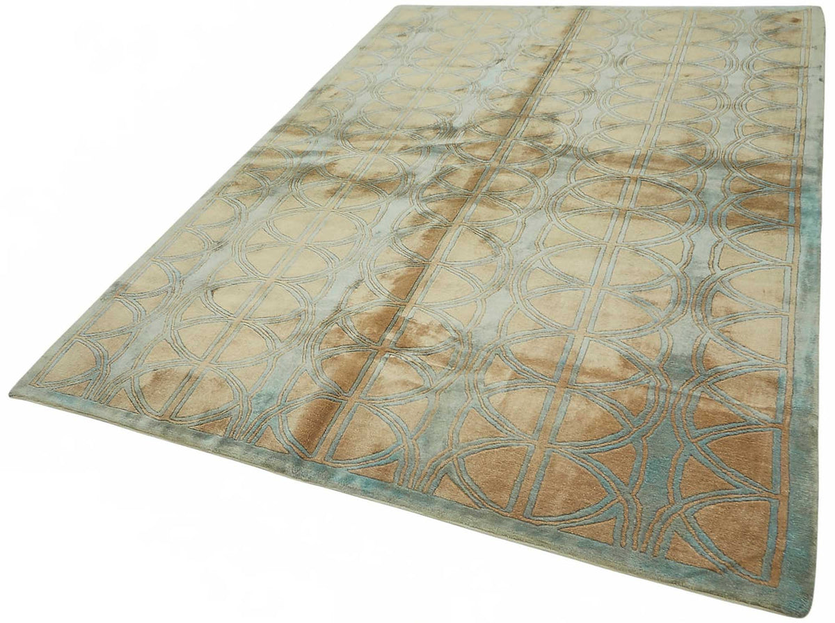 Vamave Turkuaz Bej Geometrik Desenli Pamuk Yün Uşak Halısı 188x272 cm – doku yakın çekim