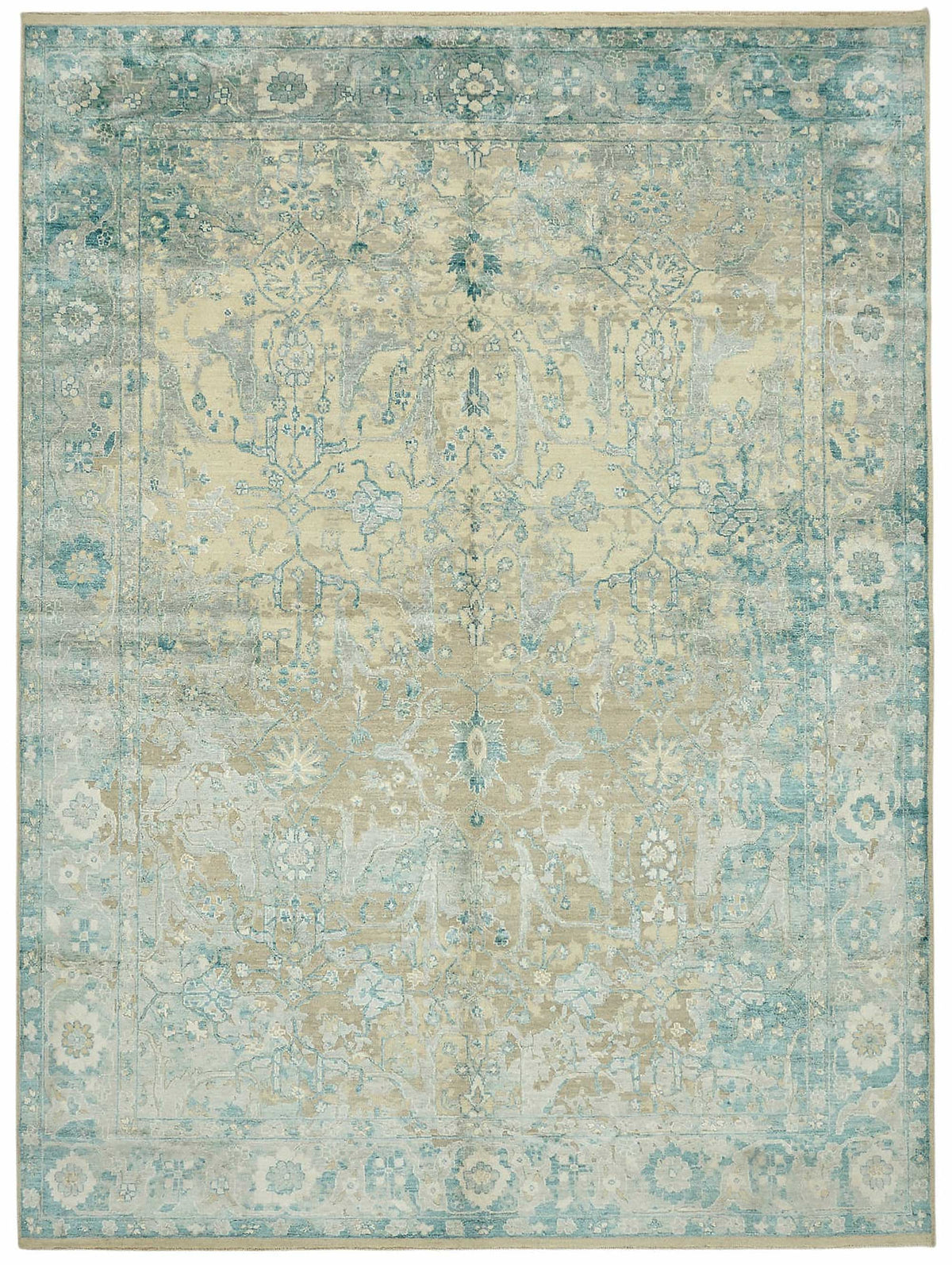 Vamave Turkuaz Bej Çiçek Desenli Uşak El Dokuma Halı 272x365 cm