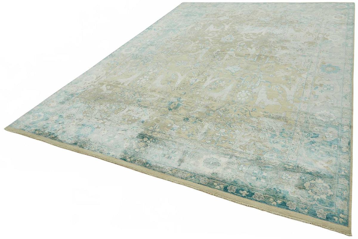 Vamave Turkuaz Bej Çiçek Desenli Uşak El Dokuma Halı 272x365 cm – doku yakın çekim