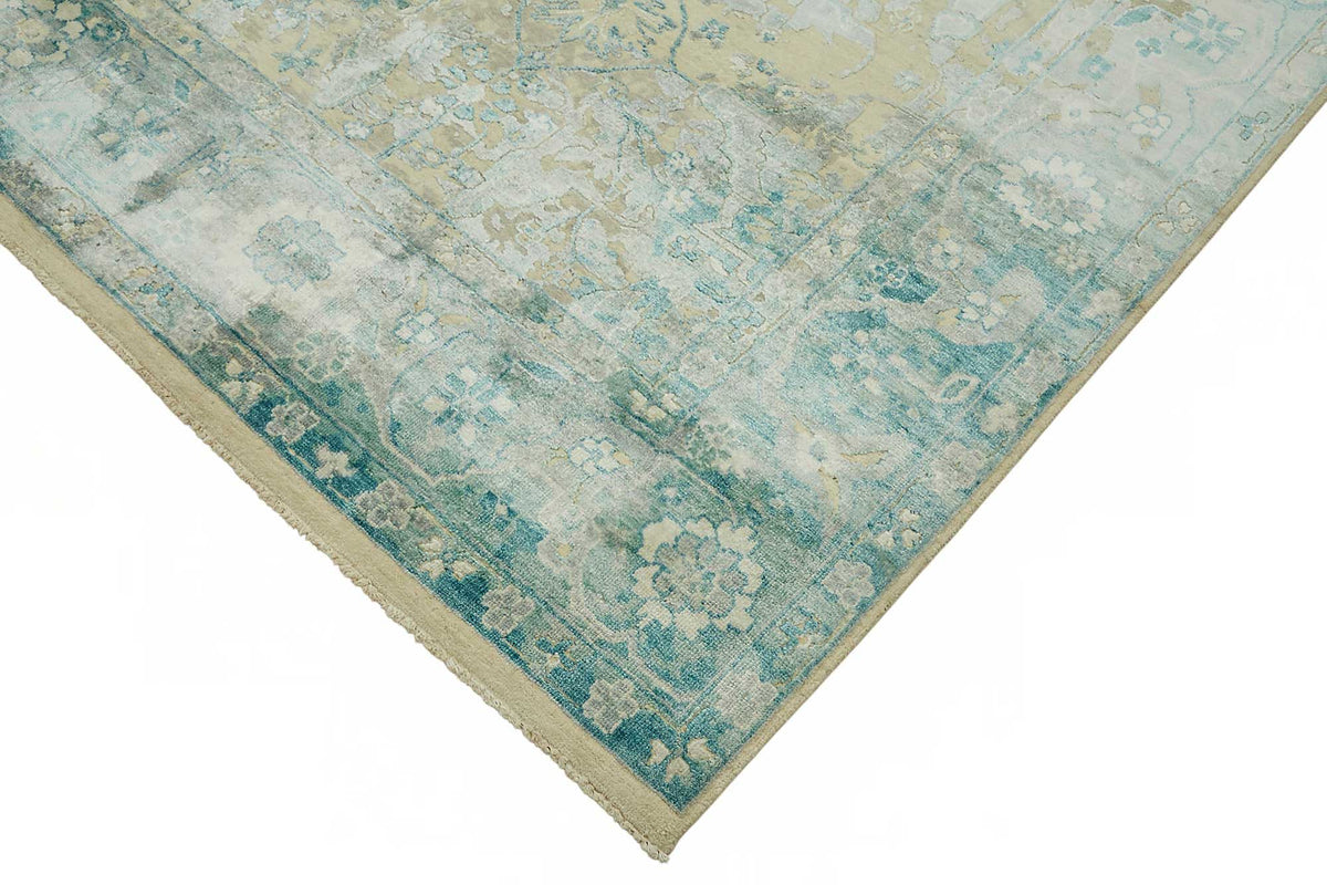 Vamave Turkuaz Bej Çiçek Desenli Uşak El Dokuma Halı 272x365 cm – detay görünümü