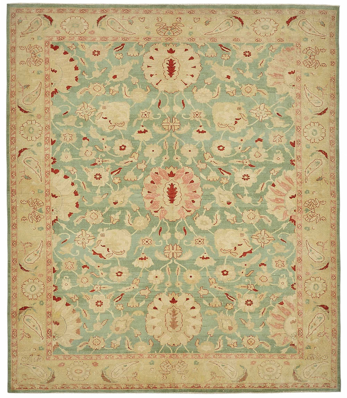 Vamave Turkuaz Zeminli Çiçek Desenli Yün Uşak Halı 257x300 cm