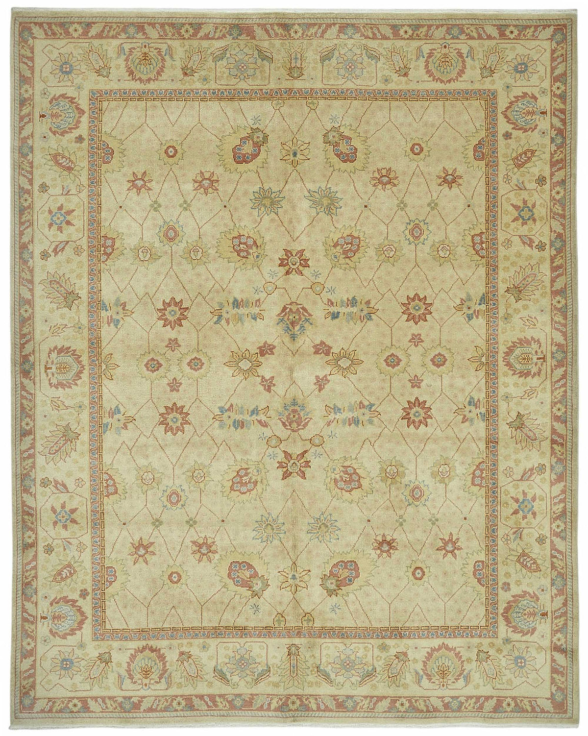 Vamave Bej Zeminli Çiçek Desenli Yün Uşak Halı 242x302 cm - Düz Bej Halı