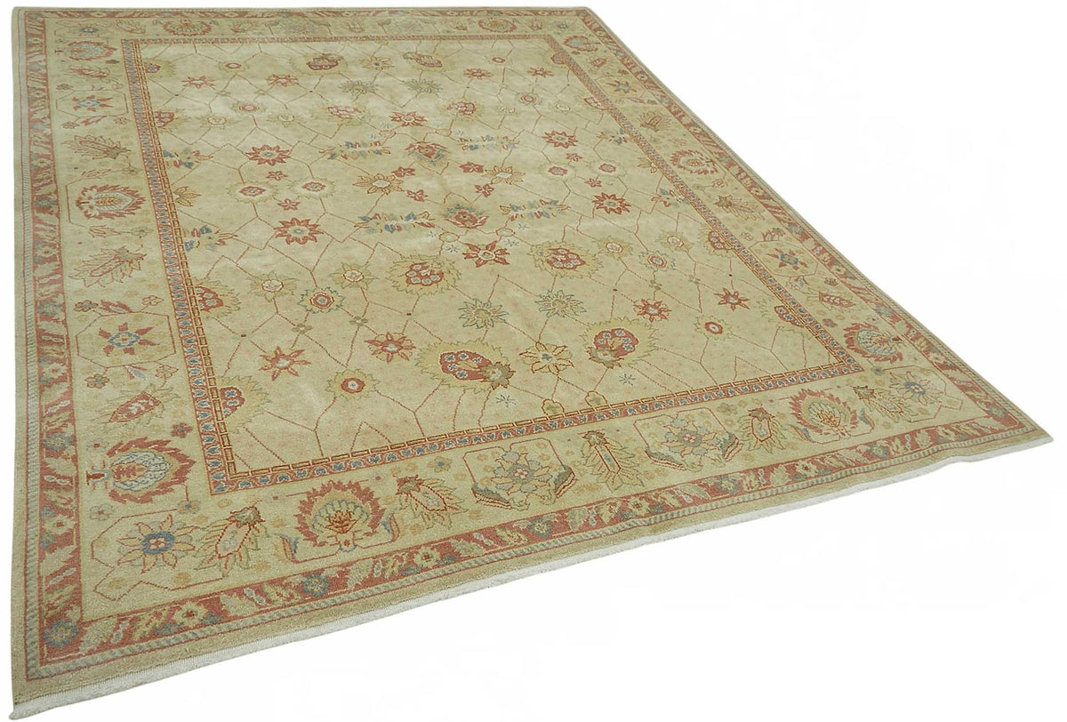Vamave Bej Zeminli Çiçek Desenli Yün Uşak Halı 242x302 cm - Düz Bej Halı – genel görünüm