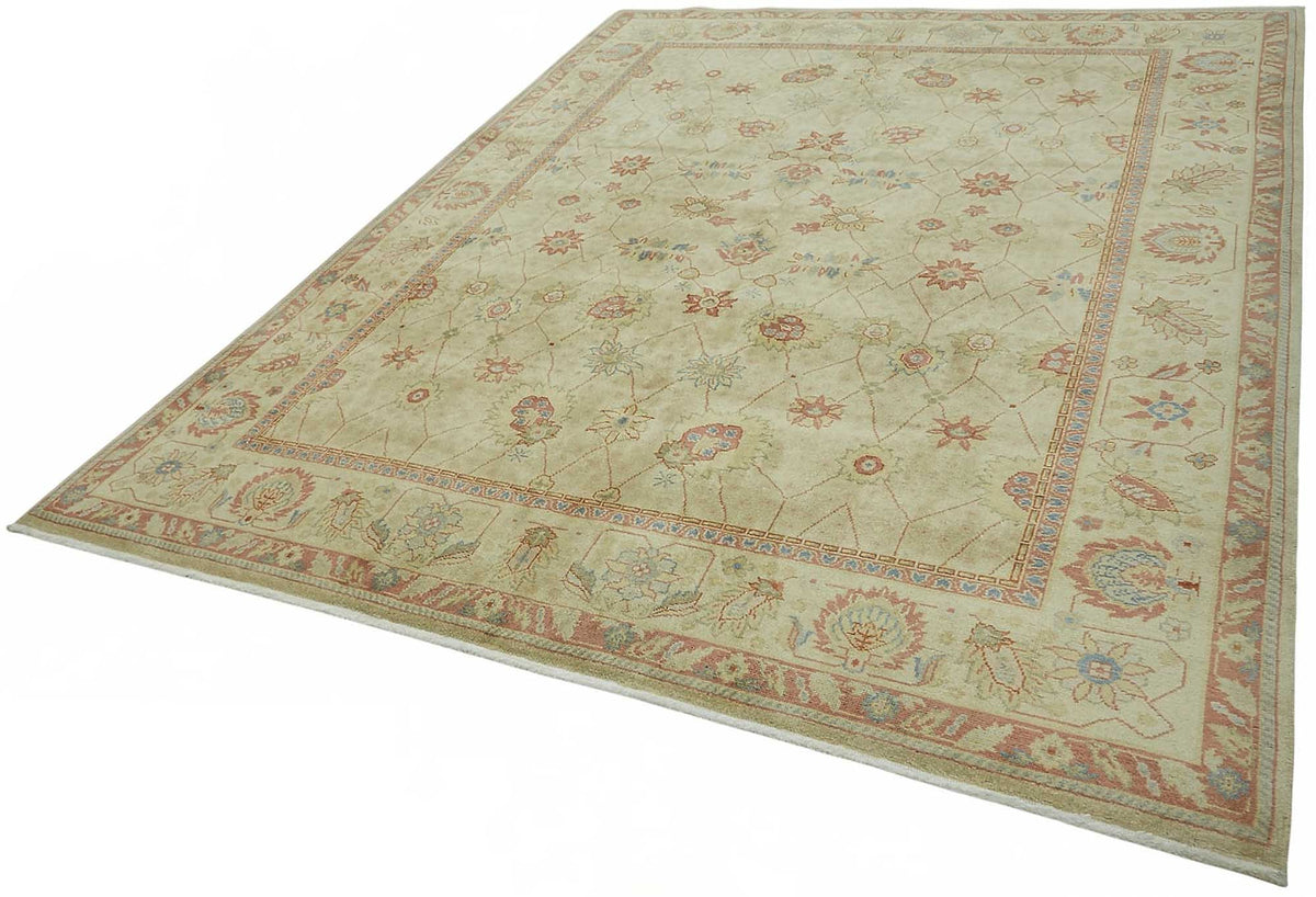 Vamave Bej Zeminli Çiçek Desenli Yün Uşak Halı 242x302 cm - Düz Bej Halı – doku yakın çekim