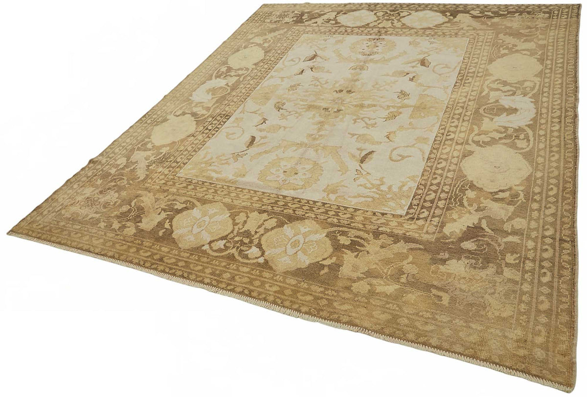 Vamave Uşak El Dokuma Bej ve Kahverengi Çiçekli Halı 240x290 cm 49159 – doku yakın çekim