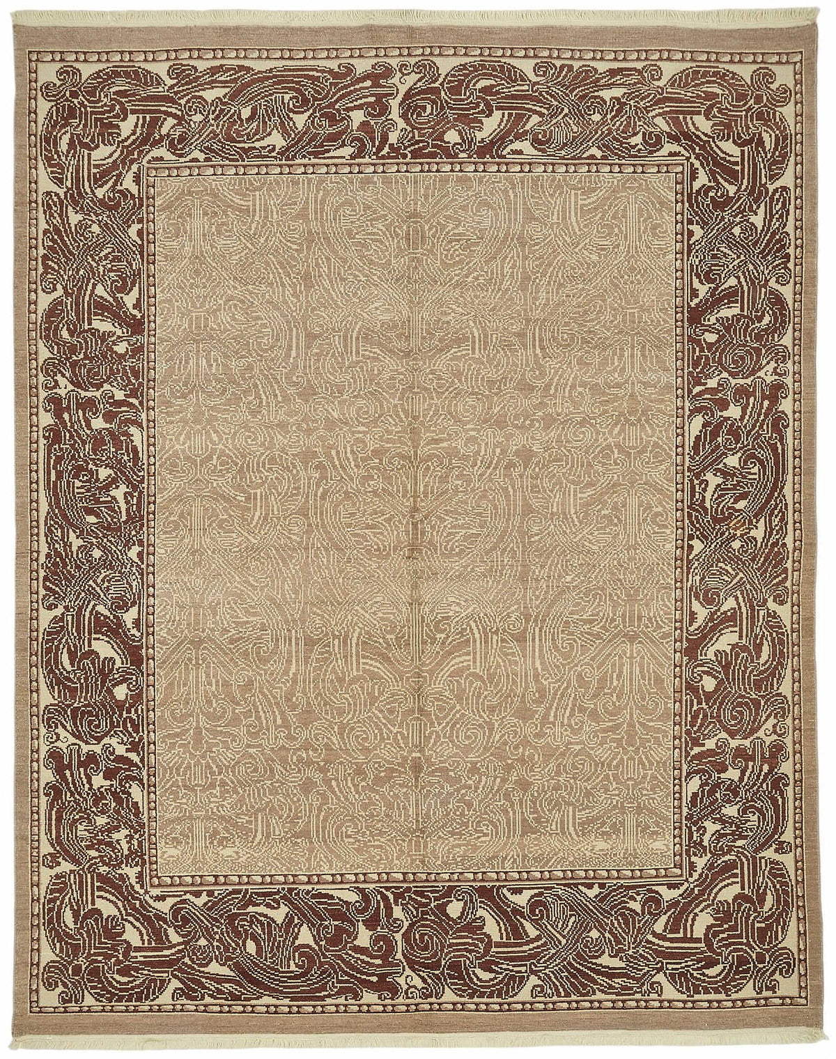 Vamave Uşak Bej Kahverengi Bordürlü Yün El Dokuma Halı 247x308 cm
