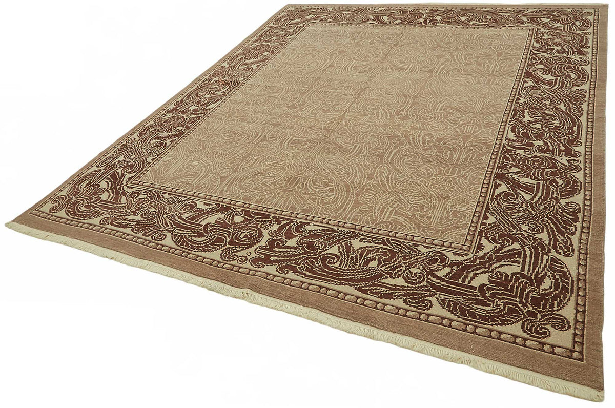 Vamave Uşak Bej Kahverengi Bordürlü Yün El Dokuma Halı 247x308 cm – doku yakın çekim