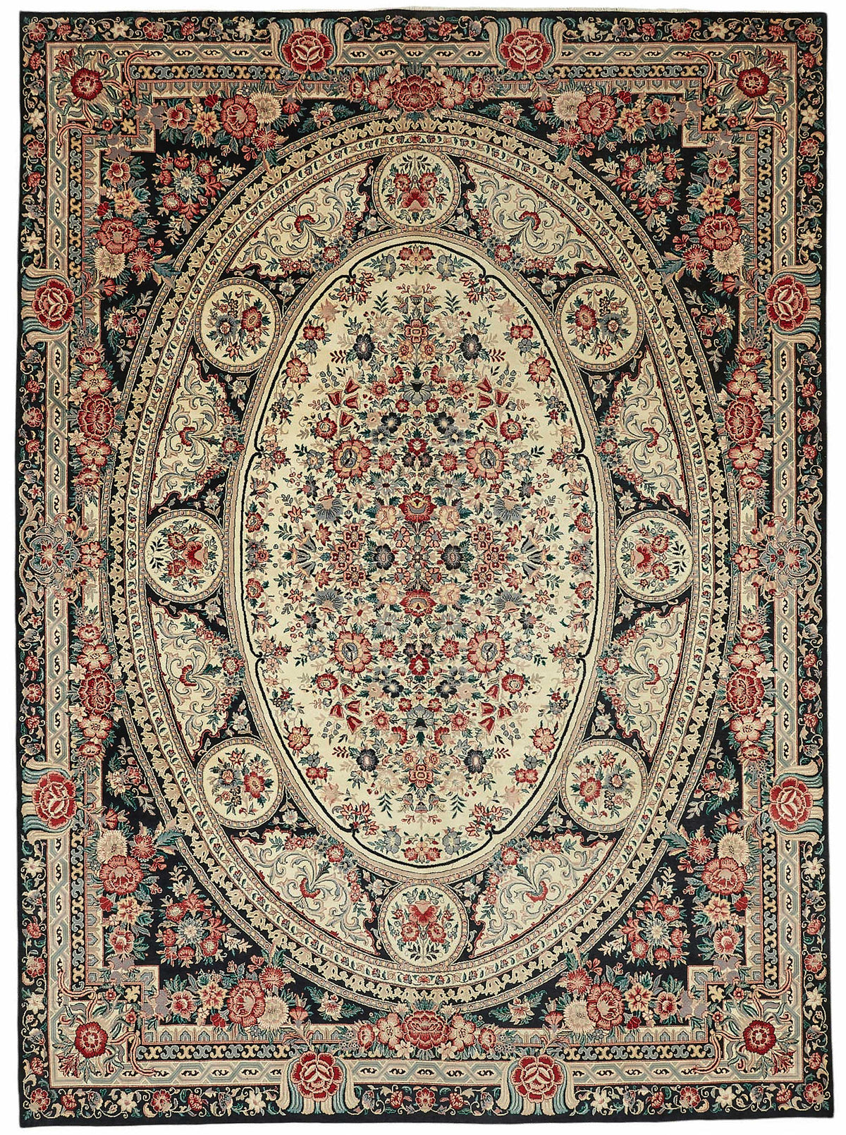 Vamave Lacivert Bej Halı Çiçek Desenli Uşak Dokuma 272x378 cm